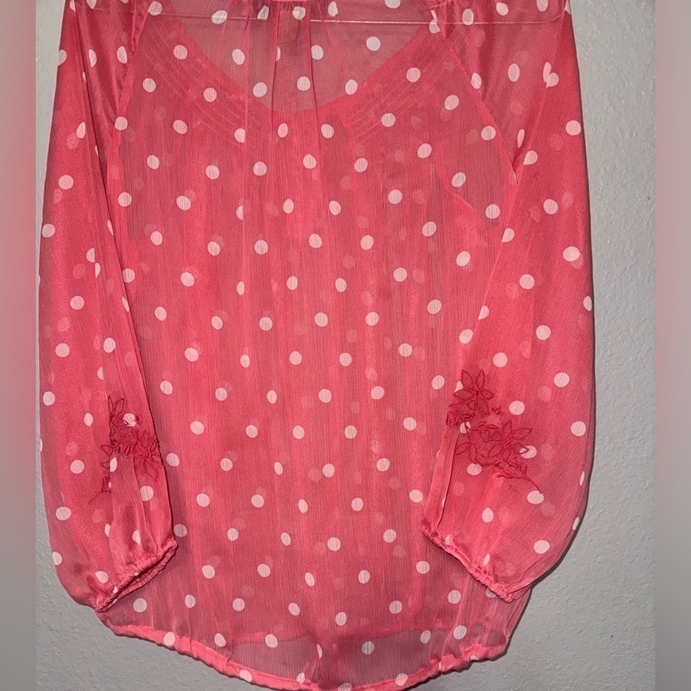 Nine‎ West Pink & White Polk a  Dot Sheer Embroidered Blouse Size S - Picture 5 of 7